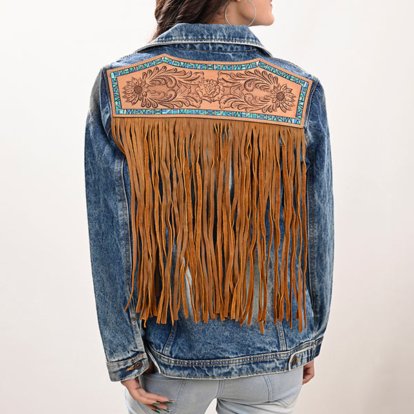 LC-ADJKT019 Turquoise Accented Tooled Leather Denim Jacket with Fringe