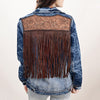 LC-ADJKT020 Classic Tooled Leather Fringe Denim Jacket - Western Style