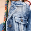 LC-ADJKT022 Bronc Rider Tooled Leather Denim Jacket - Fringe Western Style