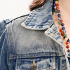 LC-ADJKT023 Tooled Leather Yoke Fringe Denim Jacket - Turquoise Trim Detail