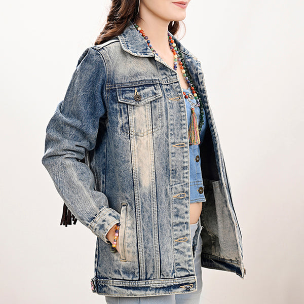 LC-ADJKT023 Tooled Leather Yoke Fringe Denim Jacket - Turquoise Trim Detail