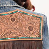 LC-ADJKT023 Tooled Leather Yoke Fringe Denim Jacket - Turquoise Trim Detail