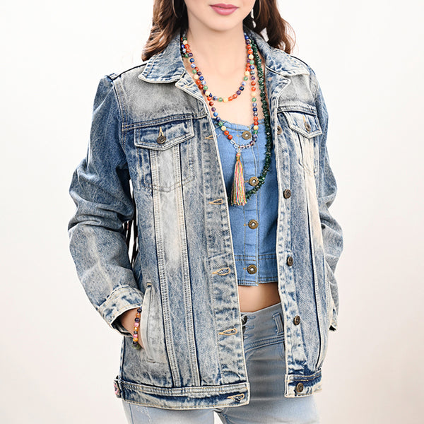 LC-ADJKT023 Tooled Leather Yoke Fringe Denim Jacket - Turquoise Trim Detail
