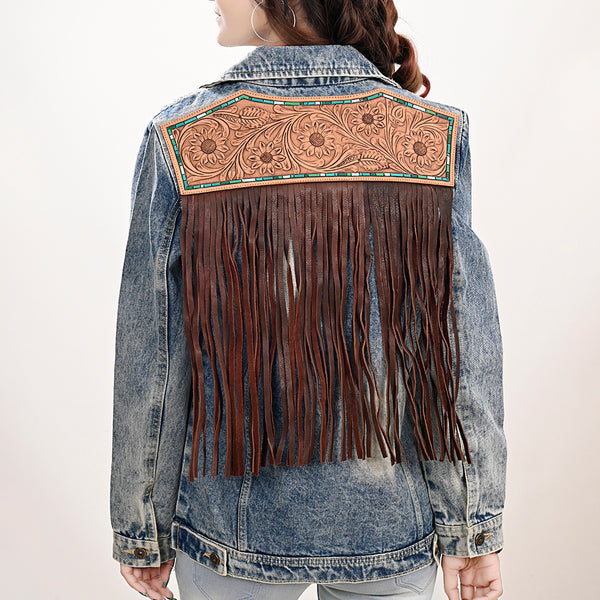 LC-ADJKT023 Tooled Leather Yoke Fringe Denim Jacket - Turquoise Trim Detail