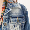 LC-ADJKT027 Women's Western Denim Jacket with Hand-Tooled Leather Yoke & Fringe