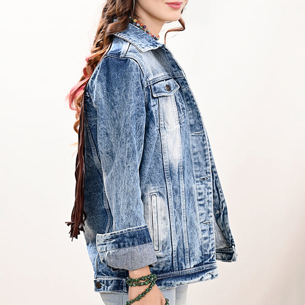 LC-ADJKT026 Turquoise Oval Tooled Leather Fringe Denim Jacket - Cowgirl Edition