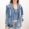 LC-ADJKT026 Turquoise Oval Tooled Leather Fringe Denim Jacket - Cowgirl Edition