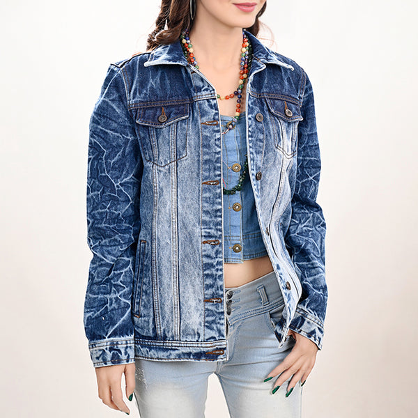 LC-ADJKT028 Women's Acid Wash Denim Jacket with Floral Hand-Tooled Leather Yoke & Fringe