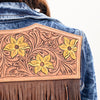 LC-ADJKT028 Women's Acid Wash Denim Jacket with Floral Hand-Tooled Leather Yoke & Fringe