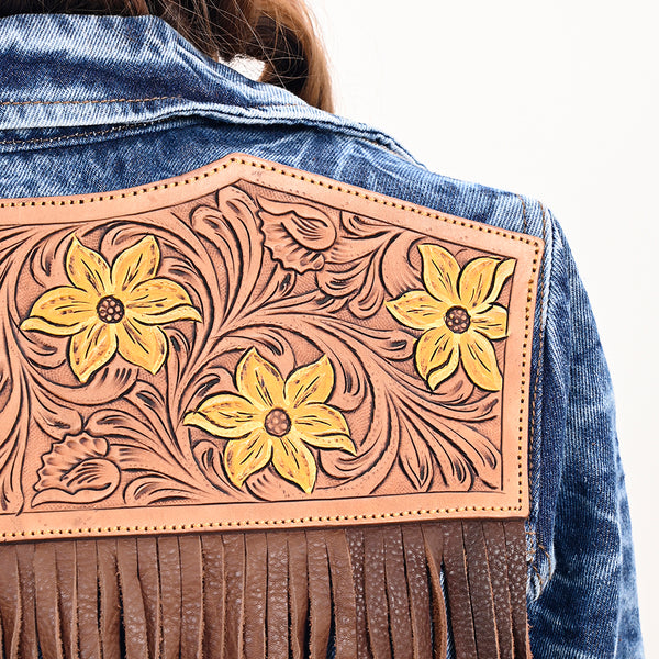 LC-ADJKT028 Women's Acid Wash Denim Jacket with Floral Hand-Tooled Leather Yoke & Fringe