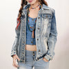 LC-ADJKT031 Women's Western Denim Jacket with Galloping Horse Tooled Leather Yoke & Fringe