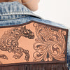 LC-ADJKT031 Women's Western Denim Jacket with Galloping Horse Tooled Leather Yoke & Fringe