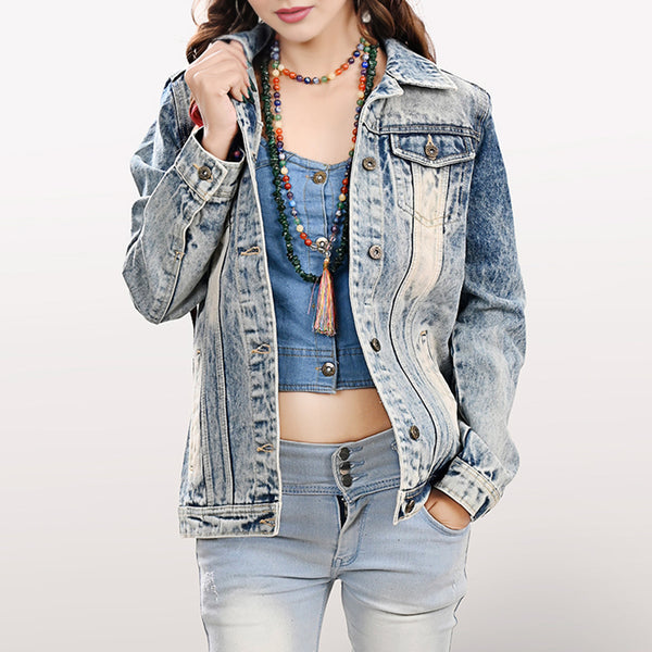 LC-ADJKT031 Women's Western Denim Jacket with Galloping Horse Tooled Leather Yoke & Fringe