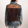LC-ADJKT031 Women's Western Denim Jacket with Galloping Horse Tooled Leather Yoke & Fringe