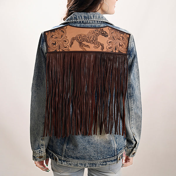 LC-ADJKT031 Women's Western Denim Jacket with Galloping Horse Tooled Leather Yoke & Fringe