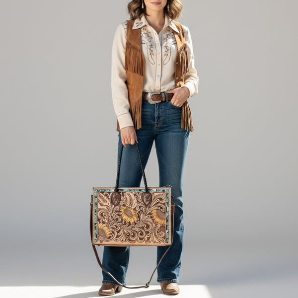 ADBG1158 American Darling Floral Tooled Leather Tote -Western Crossbody Bag