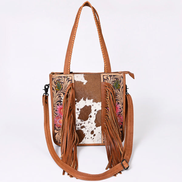 ADBG1086 American Darling Hair-on Cowhide Tote Bag with Hand-Tooled Leather and Fringes