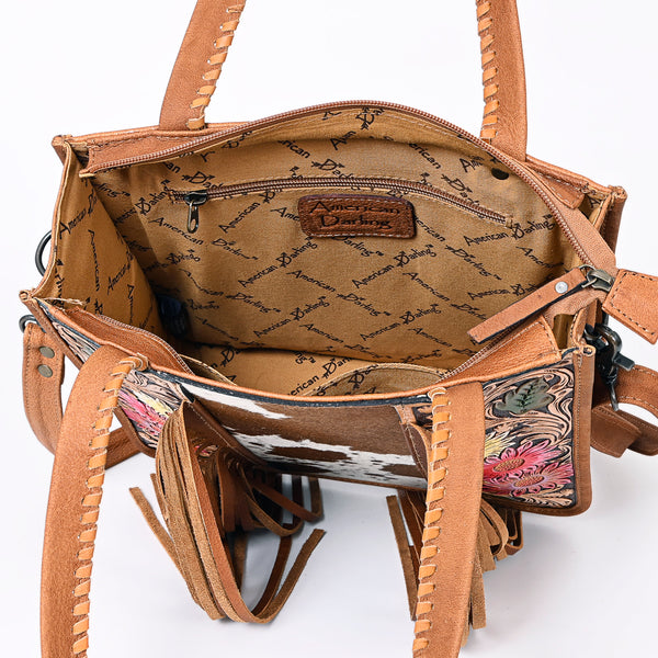 ADBG1086 American Darling Hair-on Cowhide Tote Bag with Hand-Tooled Leather and Fringes