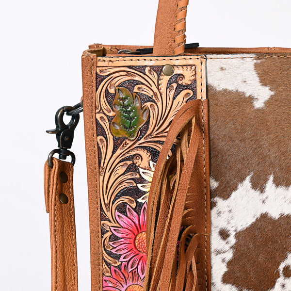 ADBG1086 American Darling Hair-on Cowhide Tote Bag with Hand-Tooled Leather and Fringes