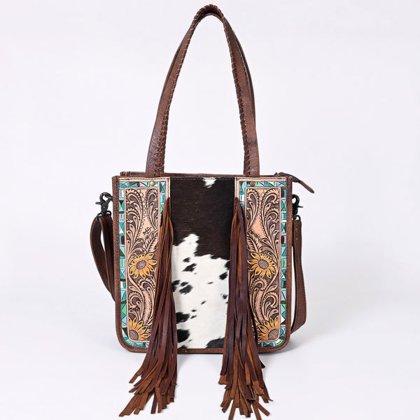 ADBG1086 American Darling Hair-on Cowhide Tote Bag with Hand-Tooled Leather and Fringes