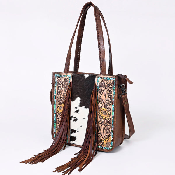 ADBG1086 American Darling Hair-on Cowhide Tote Bag with Hand-Tooled Leather and Fringes