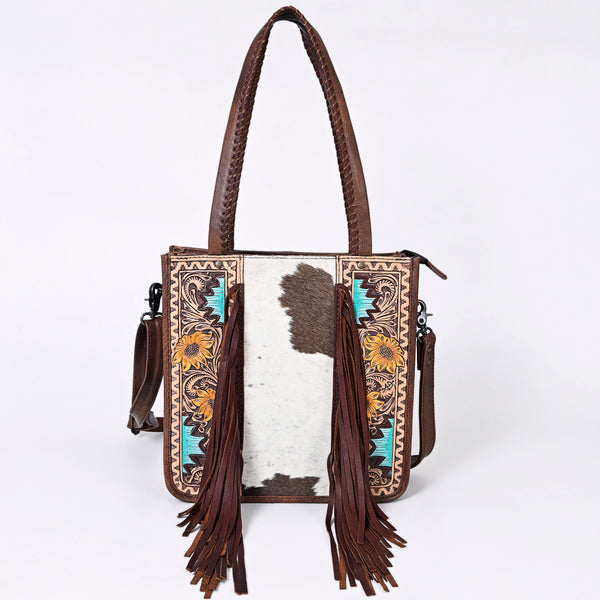 ADBG1086 American Darling Hair-on Cowhide Tote Bag with Hand-Tooled Leather and Fringes