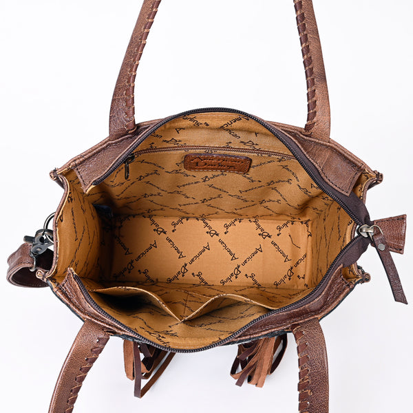 ADBG1086 American Darling Hair-on Cowhide Tote Bag with Hand-Tooled Leather and Fringes
