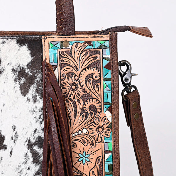 ADBG1086 American Darling Hair-on Cowhide Tote Bag with Hand-Tooled Leather and Fringes