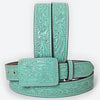ADBLF214 Aqua Turquoise Hand-Tooled Leather Belt with Floral Design
