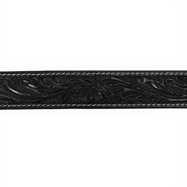 ADBLF215 Black Hand-Tooled Leather Belt with Matching Floral Buckle