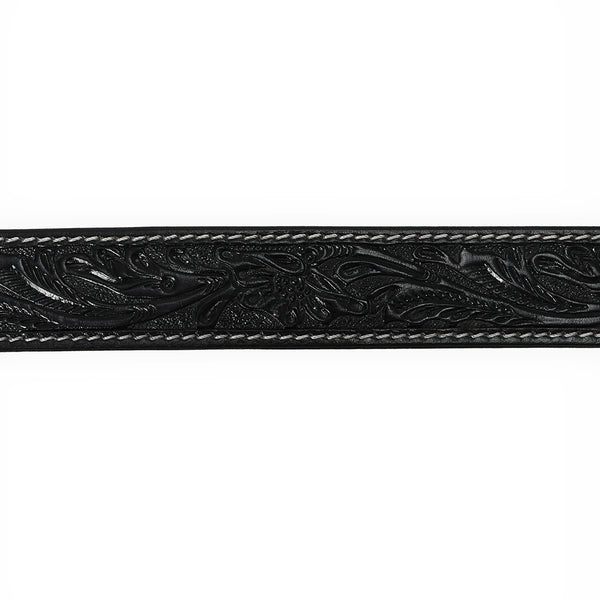 ADBLF215 Black Hand-Tooled Leather Belt with Matching Floral Buckle
