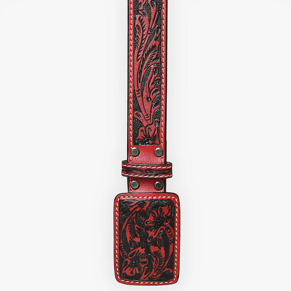 ADBLF216 Red & Black Hand-Tooled Leather Belt with Matching Floral Buckle
