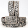 ADBLF217 Silver & Black Hand-Tooled Leather Belt with Matching Floral Buckle