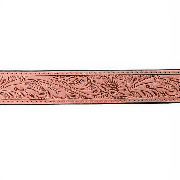 ADBLF218 Light Pink Hand-Tooled Leather Belt with Matching Floral Buckle
