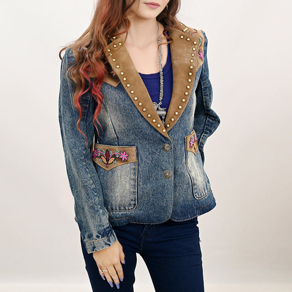 ADBZ030 Boho Western Denim Blazer with Beaded Genuine Suede & Fringe Back