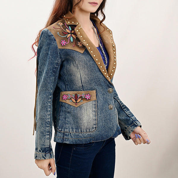 ADBZ030 Boho Western Denim Blazer with Beaded Genuine Suede & Fringe Back