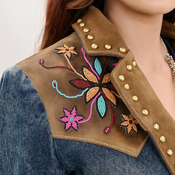 ADBZ030 Boho Western Denim Blazer with Beaded Genuine Suede & Fringe Back