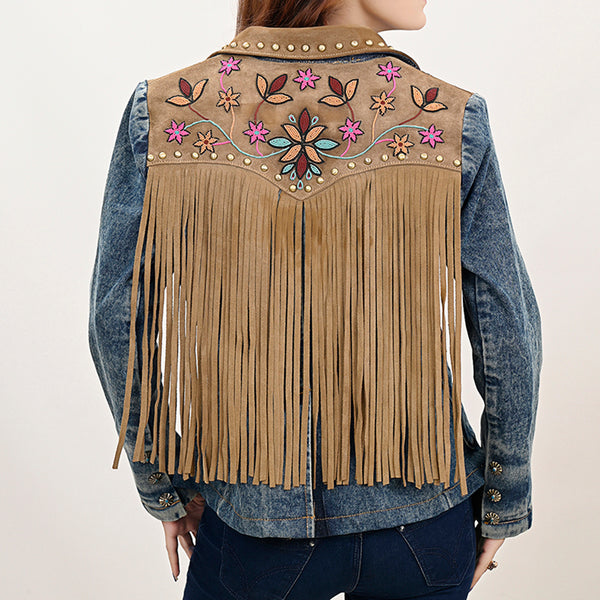 ADBZ030 Boho Western Denim Blazer with Beaded Genuine Suede & Fringe Back