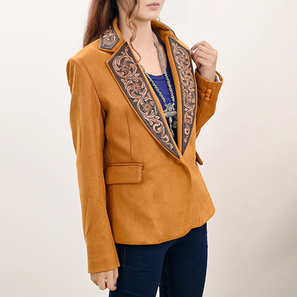 ADBZ033 Mustard Fabric Western Blazer with Hand-Tooled Harness Leather Trim