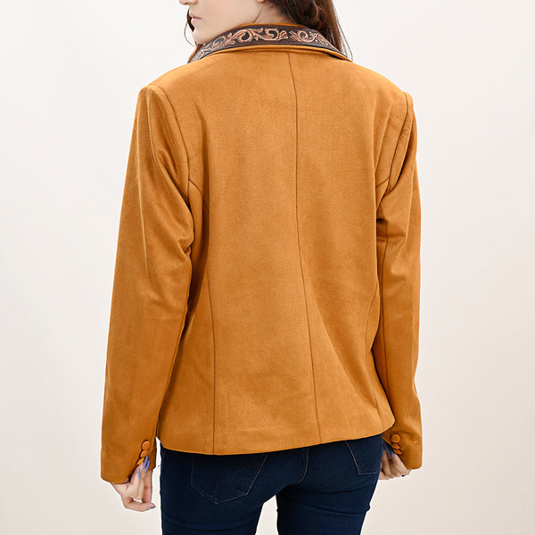 ADBZ033 Mustard Fabric Western Blazer with Hand-Tooled Harness Leather Trim