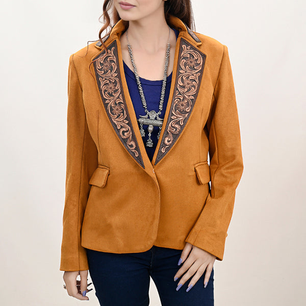 ADBZ033 Mustard Fabric Western Blazer with Hand-Tooled Harness Leather Trim