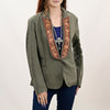 ADBZ035 Women Green Fabric Jacket Featuring Carved Harness Leather Lapels