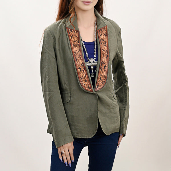 ADBZ035 Women Green Fabric Jacket Featuring Carved Harness Leather Lapels