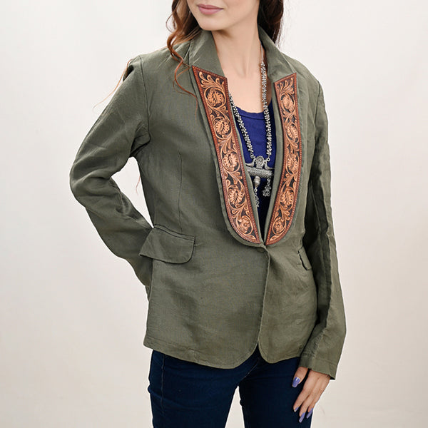 ADBZ035 Women Green Fabric Jacket Featuring Carved Harness Leather Lapels