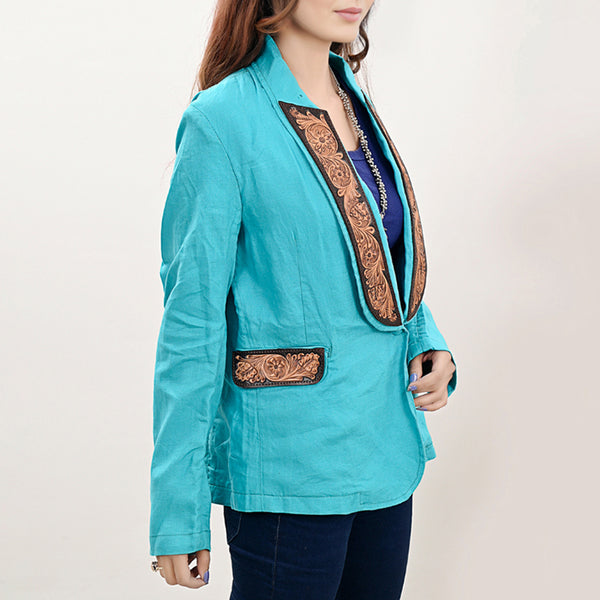 ADBZ036 Turquoise Western Fabric Blazer with Hand-Tooled Harness Leather Trim & Pockets
