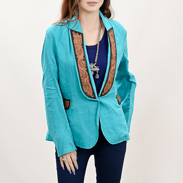 ADBZ036 Turquoise Western Fabric Blazer with Hand-Tooled Harness Leather Trim & Pockets
