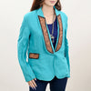 ADBZ036 Turquoise Western Fabric Blazer with Hand-Tooled Harness Leather Trim & Pockets