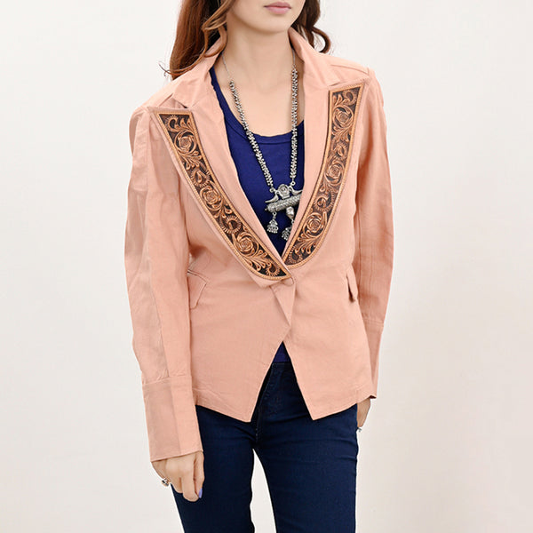 ADBZ037 Tailored Soft Peach Fabric Western Jacket with Genuine Leather Accents