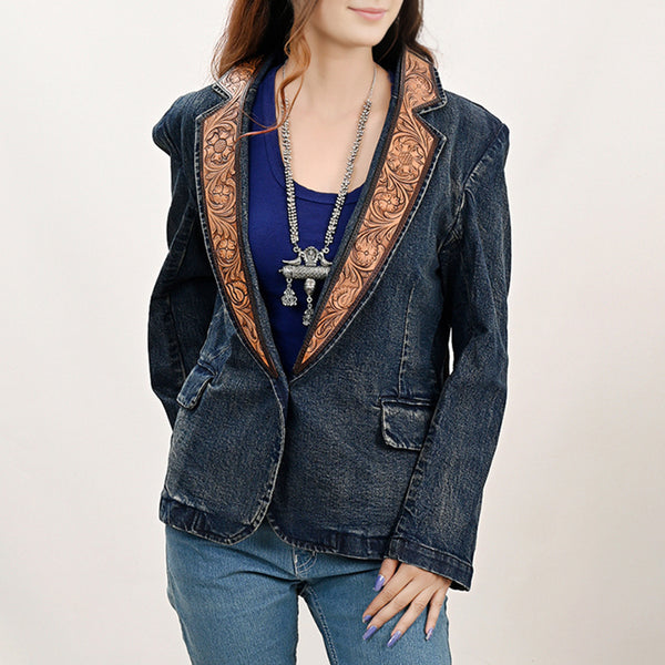ADBZ044 Premium Denim Jacket Featuring Floral Carved Harness Leather Lapels