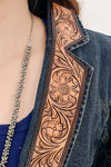 ADBZ044 Premium Denim Jacket Featuring Floral Carved Harness Leather Lapels
